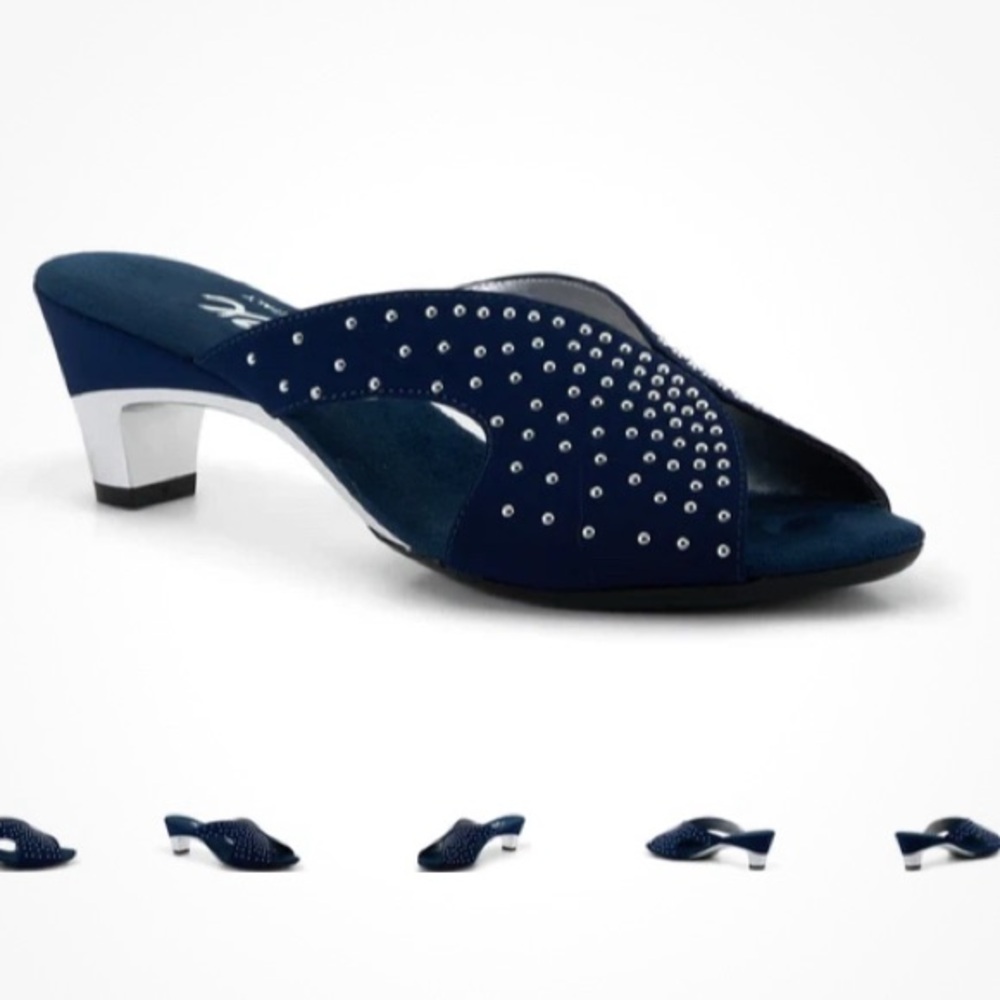 Onex Style Matilda Navy Studded Open-Toe Slip-On Heels Size 7 LIKE NEW